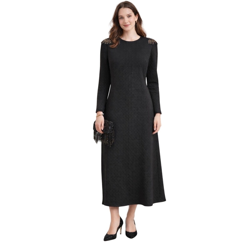 Tuckernuck Black Beaded Shoulder Midi Dress‎ Size L Textured Quiet Luxury